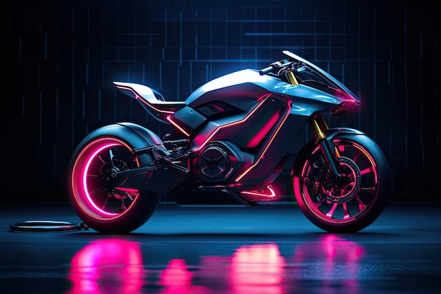 Foto futuristisches motorrad, geschmückt mit lebendigen neonlichtern, glühendem design und innovativen funktionen, die ein auffälliges und stilvolles rennrad schaffen
