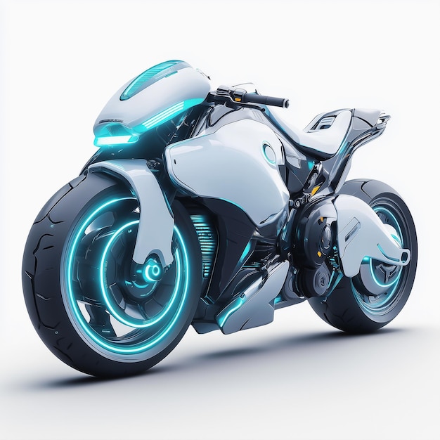 Futuristisches Motorrad mit Neon Cyan Highlights auf einem minimalistischen Hintergrund