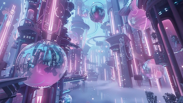 Futuristisches Neon-Stadtbild mit schwimmenden Kugeln und beleuchteten Wolkenkratzern Eine lebendige wissenschaftliche Metropole mit surrealistischer Atmosphäre und Nebel