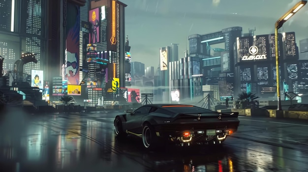 Futuristisches Neonbeleuchtetes Stadtbild mit einem schlanken Auto auf einer nassen Straße mit modernen Gebäuden und Cyberpunk-Ästhetik