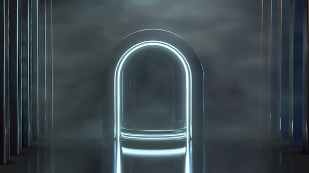 Futuristisches Neonlicht 3D-Rendering-Podium mit schwarzem Hintergrund