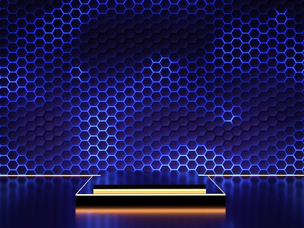 Futuristisches Podium und Hintergrundkonzept Quadratische Bühnenplattform mit goldenem LED-Licht und blauer geometrischer Form Hintergrund Produktanzeige Werbung 3D-Rendering