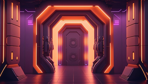 Futuristisches Portal Science-Fiction-Podium Sockelplattform Moderner leerer Cyberpunk-Raum Technologischer Hintergrund Skyfi digitale Hitech-Elemente für Präsentationsprodukt AI