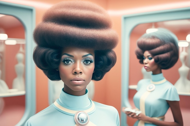 Futuristisches Porträt einer Frau in Pastellfarben im Retro-Stil der 60er und 70er Jahre Das Konzept eines Friseur- und Schönheitssalons Generative ai