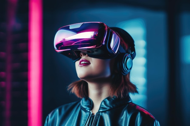 Futuristisches Porträt eines Mädchens mit Virtual-Reality-Brille auf dunklem Hintergrund mit Neonlichtern