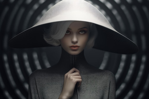 Futuristisches Porträt eines Modemodells mit Hut Konzeptuelles Kunstwerk über die Zukunft der Mode