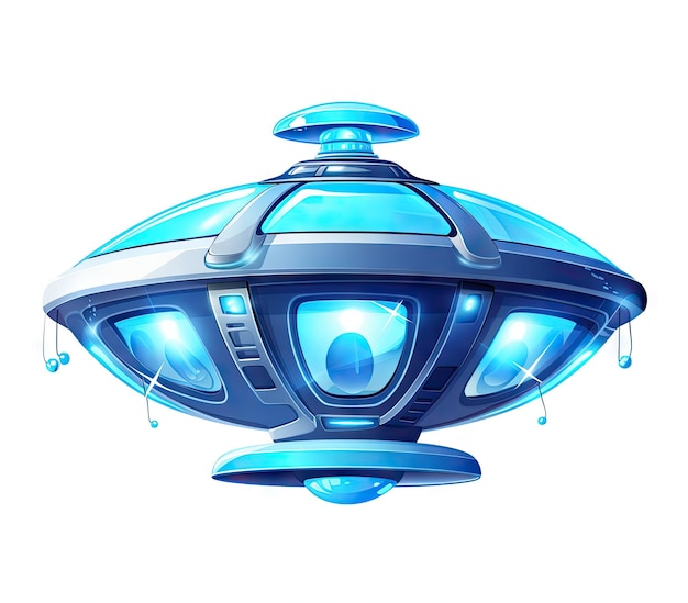 futuristisches Raumschiff Scifi außerirdisches UFO-Fahrzeug auf weißem Hintergrund hyperrealistische Cartoon-Illustration