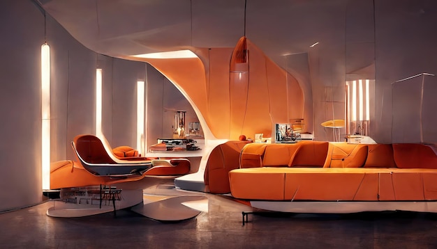 Futuristisches, realistisches Cyberpunk-Interieur in oranger Farbe 3-Rendering