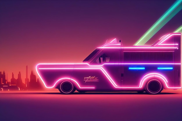 Futuristisches Retro-Wave-Synth-Wave-Auto Big Truck Retro-Truck mit Neon-Hintergrundbeleuchtungskonturen