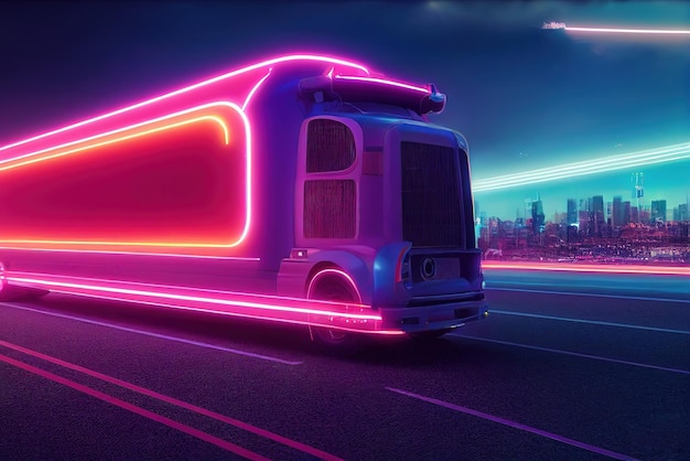 Futuristisches Retro-Wave-Synth-Wave-Auto Big Truck Retro-Truck mit Neon-Hintergrundbeleuchtungskonturen