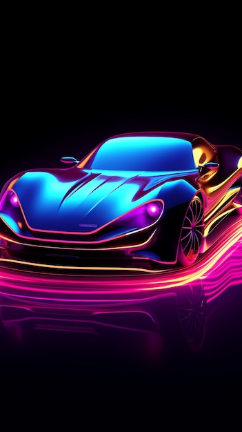 Futuristisches Retro-Wave-Synth-Wave-Auto Retro-Sportwagen mit Neon-Hintergrundbeleuchtungskonturen