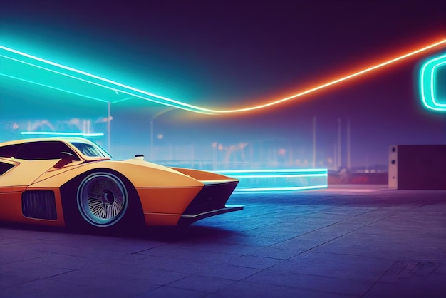 Futuristisches Retro-Wave-Synth-Wave-Auto Retro-Sportwagen mit Neon-Hintergrundbeleuchtungskonturen