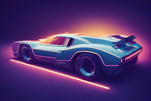 Futuristisches Retro-Wave-Synth-Wave-Auto Retro-Sportwagen mit Neon-Hintergrundbeleuchtungskonturen