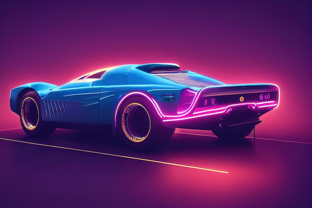 Futuristisches Retro-Wave-Synth-Wave-Auto Retro-Sportwagen mit Neon-Hintergrundbeleuchtungskonturen