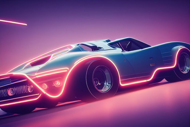 Futuristisches Retro-Wave-Synth-Wave-Auto Retro-Sportwagen mit Neon-Hintergrundbeleuchtungskonturen