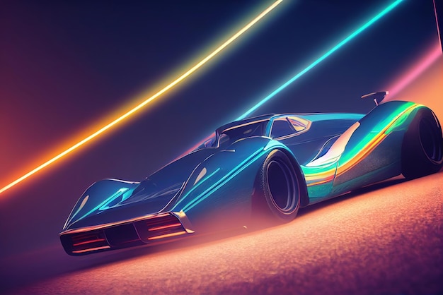 Futuristisches Retro-Wave-Synth-Wave-Auto Retro-Sportwagen mit Neon-Hintergrundbeleuchtungskonturen