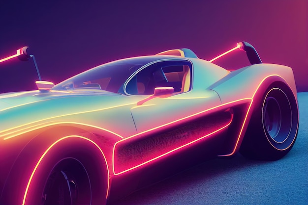 Futuristisches Retro-Wave-Synth-Wave-Auto Retro-Sportwagen mit Neon-Hintergrundbeleuchtungskonturen