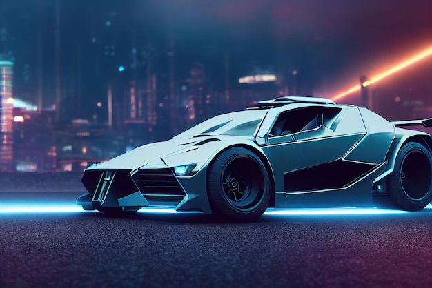 Futuristisches Retro-Wave-Synth-Wave-Auto Retro-Sportwagen mit Neon-Hintergrundbeleuchtungskonturen