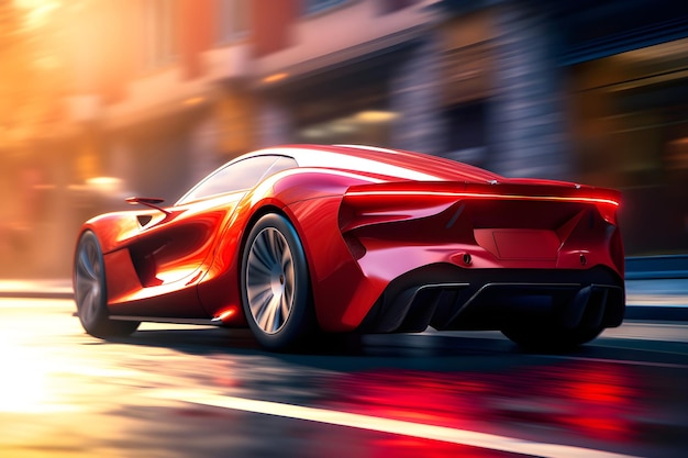 Futuristisches rotes Sportauto auf Straßengeschwindigkeit Rückansicht generative ai