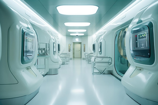 Futuristisches, sauberes, leeres Krankenhaus mit medizinischen Geräten und reflektierenden Böden