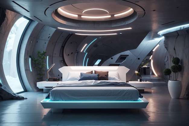 Foto futuristisches schlafzimmer in einem unterirdischen gewölbe