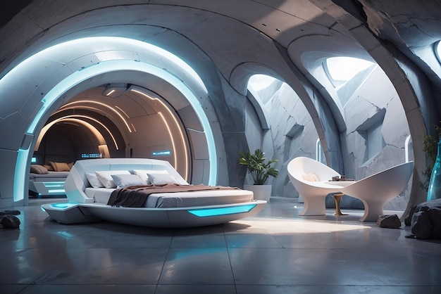 Foto futuristisches schlafzimmer in einem unterirdischen gewölbe