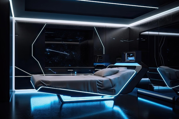 Futuristisches Schlafzimmer mit eleganten und futuristischen Möbeln, die auf einem Sternenhintergrund schweben