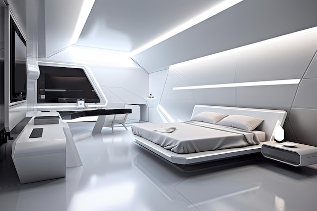 Futuristisches Schlafzimmer mit minimalistischem Design, klaren Linien und sanfter Beleuchtung