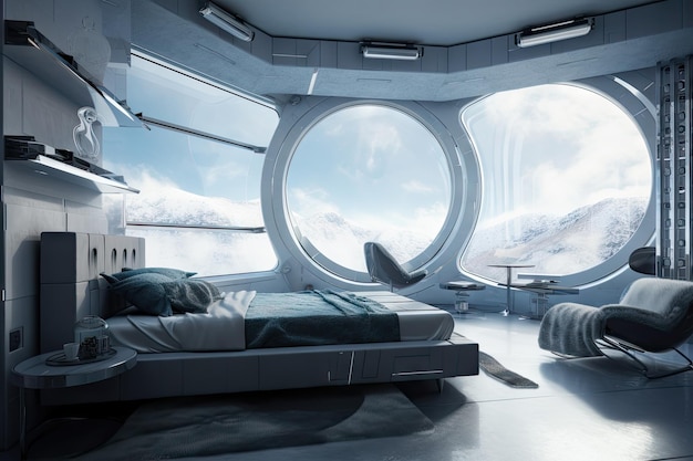 Futuristisches Schlafzimmer mit transparenten Wänden und Blick auf Planeten und Sterne im Hintergrund