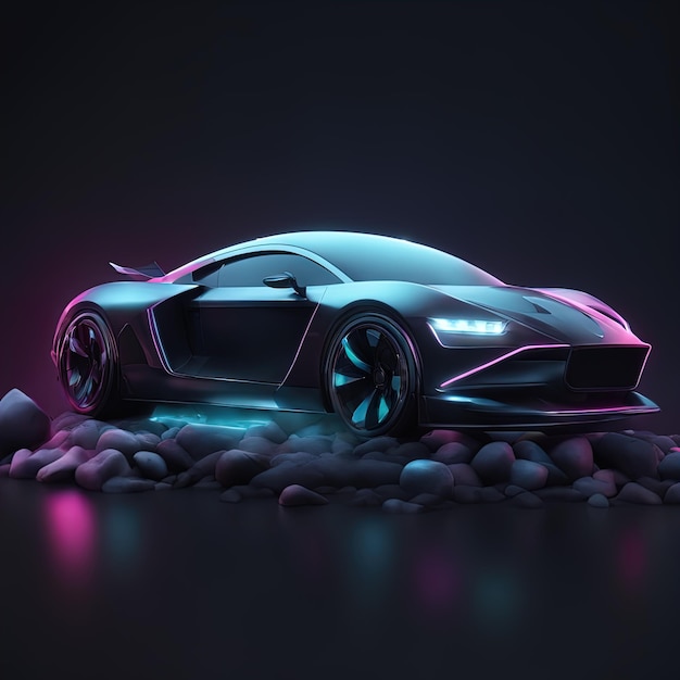 Futuristisches Science-Fiction-Auto mit neonleuchtendem 3D-Rendering im Neon-Stil. Futuristisches Science-Fiction-Futurismus-Konzert