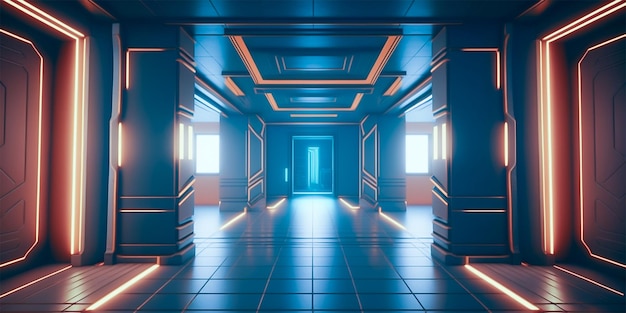 Futuristisches Science-Fiction-Neonlicht, das in der Bühnenhalle des Raumschiff-Tunnelraums leuchtet