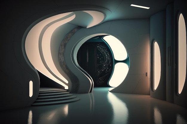 Futuristisches Scifi-Interieur mit schlankem und minimalistischem Design mit geschwungenen Linien und LED-Beleuchtung