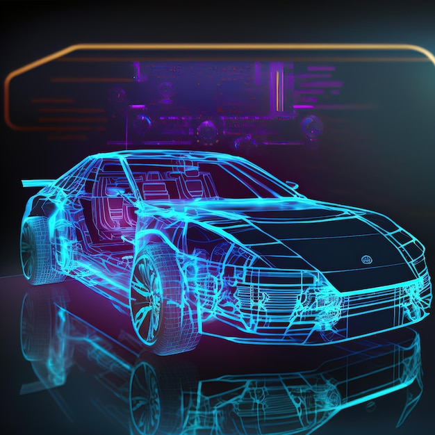 Futuristisches Service-Scannen und automatische Datenanalyse Auto 3D-Rendering. Rasterabbildung