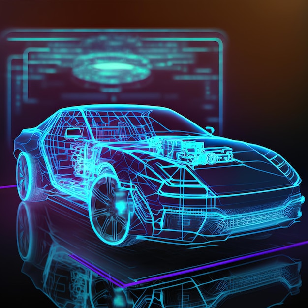 Futuristisches Service-Scannen und automatische Datenanalyse Auto 3D-Rendering. Rasterabbildung