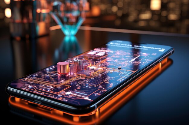 Futuristisches Smartphone der Zukunft mit Augmented-Reality-Mikrochips und Mikroprozessoren
