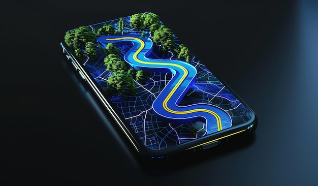 Futuristisches Smartphone mit einer lebendigen Landschaft mit einem schlängelnden Fluss und üppigem Grün inmitten komplexer digitaler Netzwerke