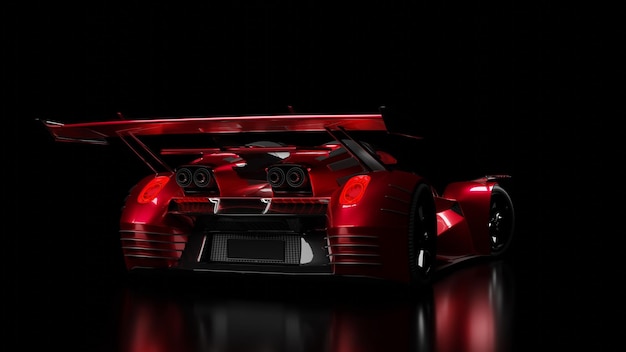 Futuristisches Sportwagen-Coupé in Rot auf schwarzem Hintergrund Supercar 3D-Rendering.