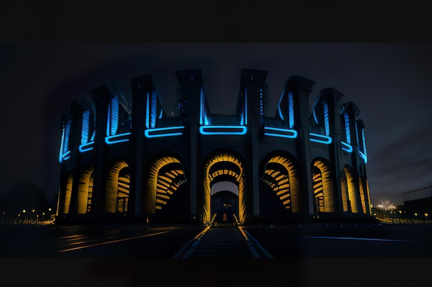 Futuristisches Stadion mit modernem Design mit Neonlichtern in der Nacht Generative KI