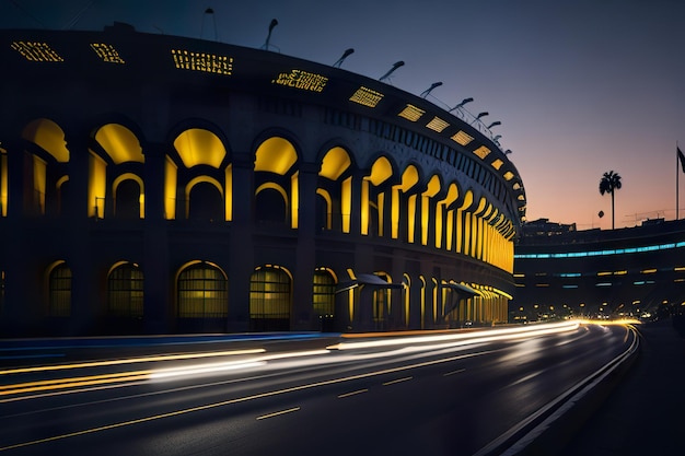 Futuristisches Stadion mit modernem Design mit Neonlichtern in der Nacht Generative KI