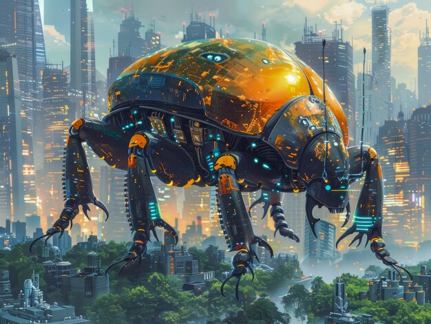 Futuristisches Stadtbild mit einem riesigen mechanischen Spinnenroboter, der die Skyline dominiert