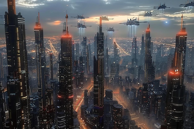 Futuristisches Stadtbild mit fliegenden Autos und Hochhäusern