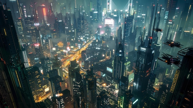 Futuristisches Stadtbild mit fliegenden Fahrzeugen und Wolkenkratzern in der Dämmerung Konzept fortschrittlicher städtischer Technologie und sci-fi-Metropole