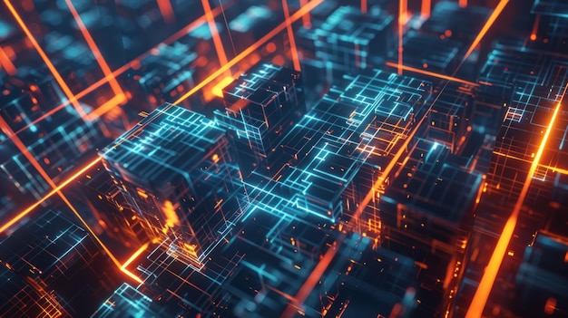 futuristisches Stadtbild mit glänzenden holographischen Blöcken Abstract Cube Hintergrund