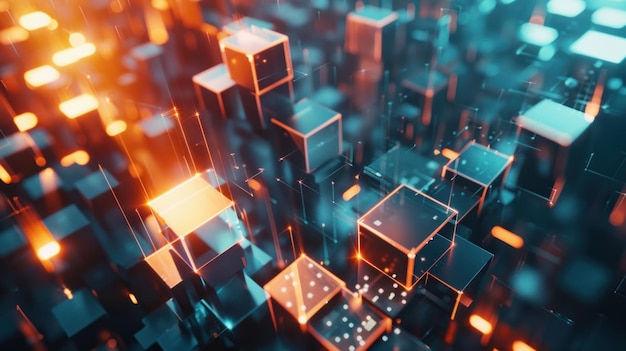 futuristisches Stadtbild mit glänzenden holographischen Blöcken Abstract Cube Hintergrund