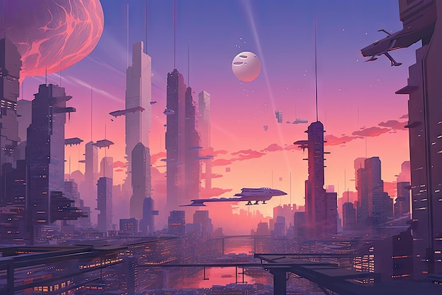 Futuristisches Stadtbild mit hoch aufragenden Wolkenkratzern, rosa und violettem Himmel und fliegenden Autos