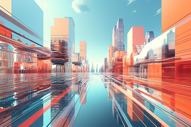 Futuristisches Stadtbild mit hohen Gebäuden und Spiegelungen im Wasser Die warme Farbpalette aus orange und blau schafft eine moderne städtische Atmosphäre
