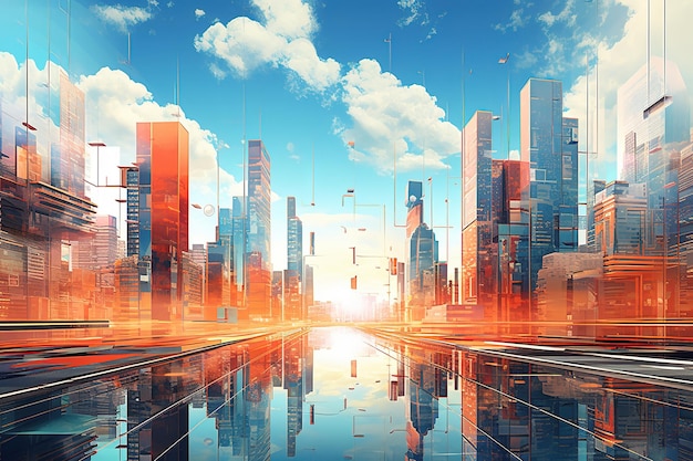 Futuristisches Stadtbild mit hohen Gebäuden und Spiegelungen im Wasser Die warme Farbpalette aus orange und blau schafft eine moderne städtische Atmosphäre