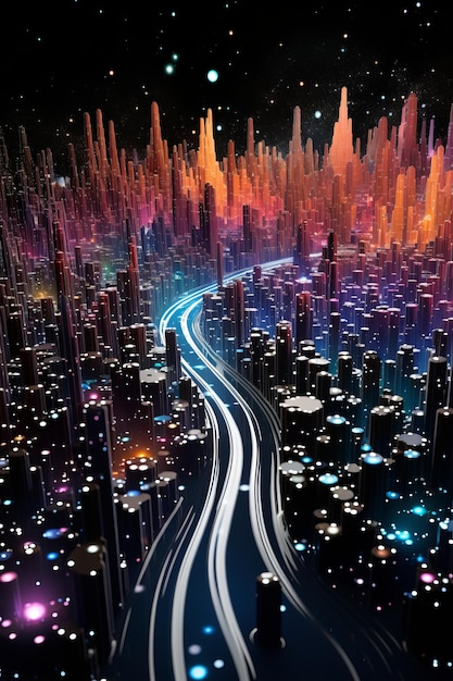 Futuristisches Stadtbild mit leuchtenden Straßen und hohen Gebäuden
