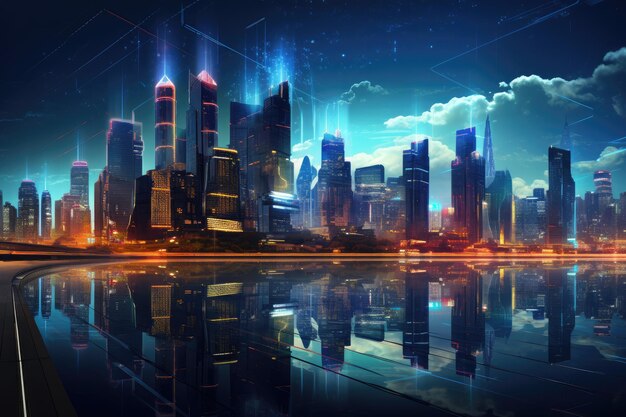 Foto futuristisches stadtbild mit wolkenkratzern aus tech-panels futuristische skyline leuchtet in dubai in der dunklen nacht, die von ai erzeugt wird