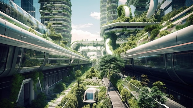 futuristisches Stadtbild voller grüner Wolkenkratzer, Parks und anderer künstlicher Grünflächen in der Stadt